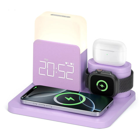 7-in-1 MagSafe Alarm Clock Charger-Wireless Station for iPhone 12-16/Samsung/Xiaomi/Huawei/Apple Watch/AirPods with Night Light