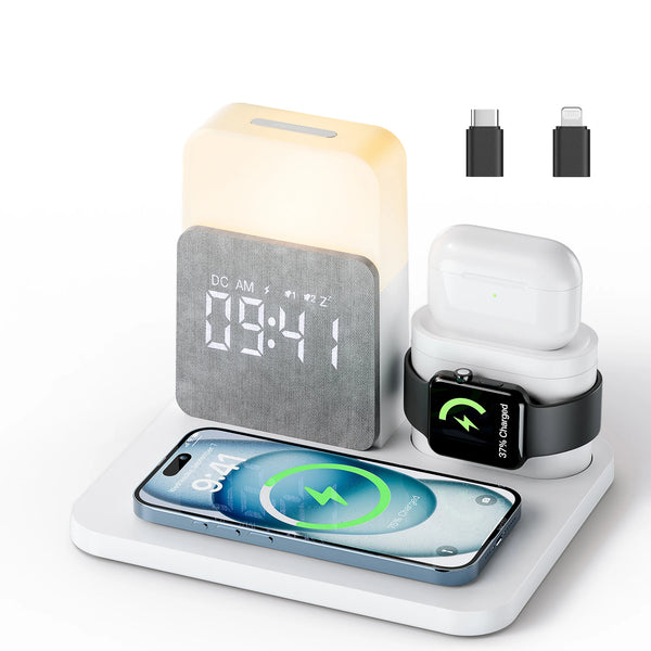 7-in-1 MagSafe Alarm Clock Charger-Wireless Station for iPhone 12-16/Samsung/Xiaomi/Huawei/Apple Watch/AirPods with Night Light